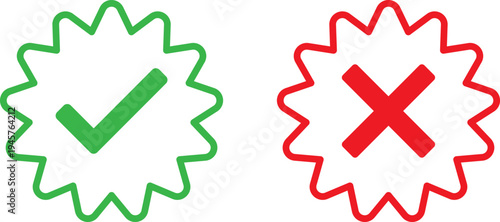 Checkmark and cross symbols inside star-shaped outlines with contrasting colors