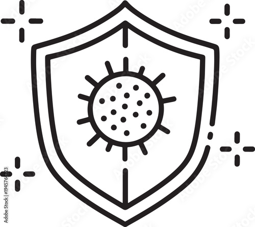 Minimal antivirus shield with virus in black and white