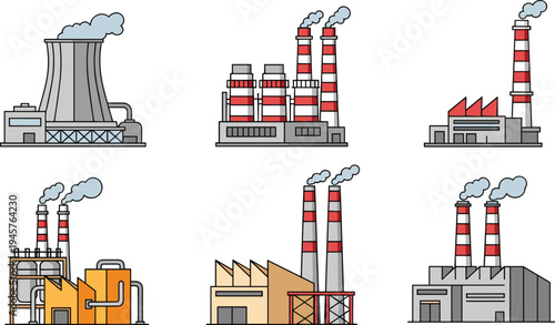 Industrial factory and power plant buildings set with chimneys and cooling towers, heavy industry infrastructure vector illustration collection