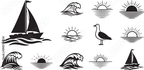 Black and white nautical icons set with sailboats waves
