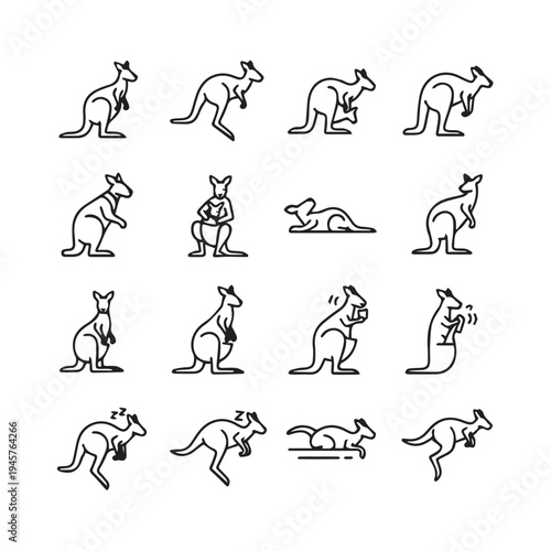 Set of Kangaroo Icons: Various Poses and Actions Simple Line Art Style