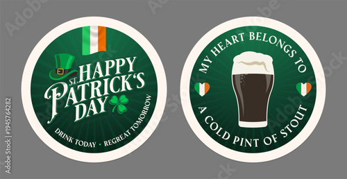 St Patricks Day Two Side Beer Coaster Design with Festive Symbols and Quotes