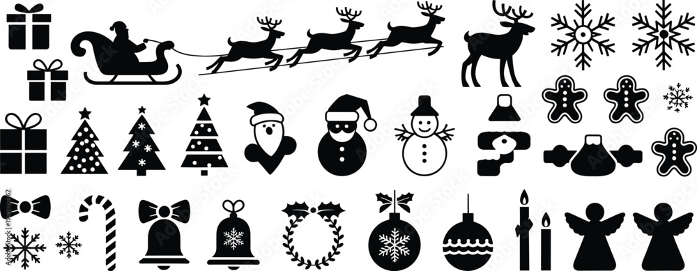 Obraz premium Christmas silhouettes collection, festive vector art, holiday icons design, winter celebration outline, Santa sleigh reindeer, snowflakes trees gifts ornaments