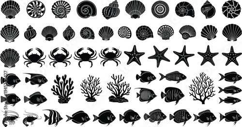 Marine sea life silhouette collection with shells, fish, crabs, coral and starfish, ocean wildlife vector illustration set for nautical design