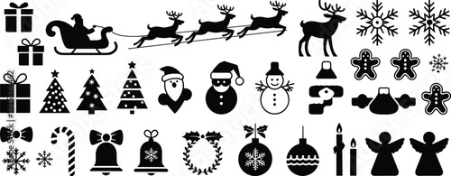 Christmas silhouettes collection, festive vector art, holiday icons design, winter celebration outline, Santa sleigh reindeer, snowflakes trees gifts ornaments