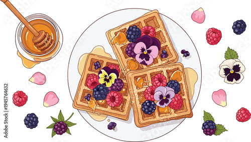 Belgian waffles with berries, honey and edible flowers gourmet breakfast dessert vector illustration top view
