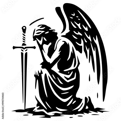 A kneeling angel with a sword in a contemplative pose, symbolizing protection and vigilance.