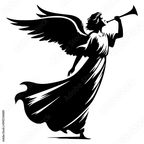 A black silhouette of an angel blowing a trumpet with large wings spread wide