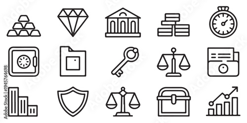 Financial security and wealth management line icons set featuring gold bars, diamond, bank, safe, and investment growth charts.