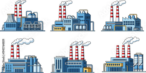 Industrial factory buildings collection with chimneys, power plants and manufacturing facilities, modern industry infrastructure vector illustration isolated on white 