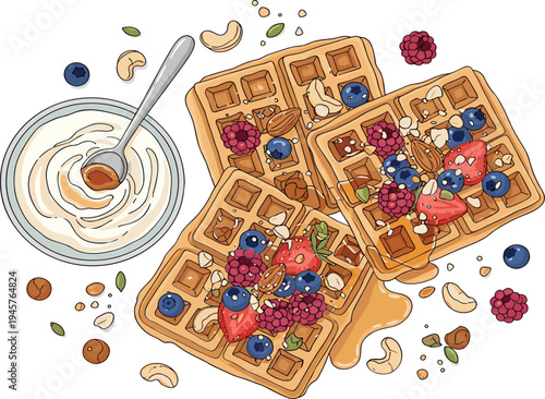 Belgian waffles with yogurt, fresh berries, nuts and honey healthy breakfast food vector illustration top view