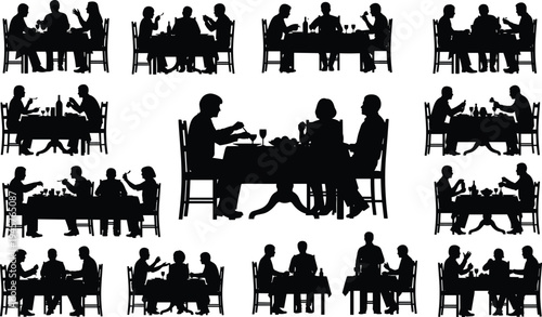 People dining together silhouette collection isolated on white background, family friends eating dinner table conversation restaurant vector illustration set