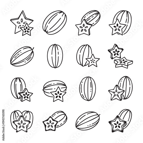 Star Fruit and Carambola Icons Collection Fresh Tropical Fruit Line Art