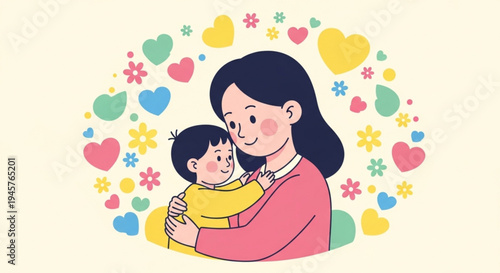 Mother tenderly hugging her baby surrounded by colorful hearts and flowers on a soft yellow background