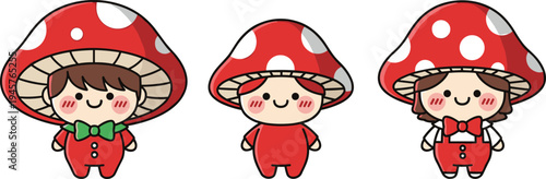 Cute mushroom character set, kawaii cartoon children with red toadstool hats, adorable fantasy mascot vector illustration collection
