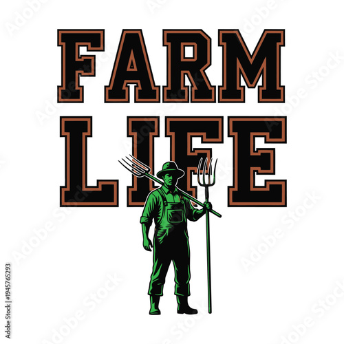 Farm life illustration with a man holding a pitchfork tshirt design