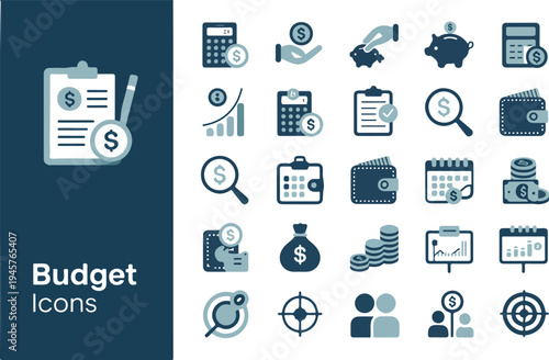 Budget and finance icon set featuring piggy bank calculator wallet and money management symbols flat vector illustration isolated