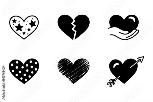 Collection of diverse heart icons representing love, romance, and emotional concepts