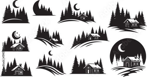 Black and white forest landscape icons with houses and moon
