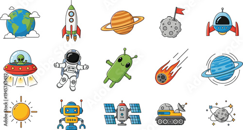 Space Exploration Cartoon Icon Set with Rocket Astronaut Alien Planets Satellite UFO and Sun Cute Vector Illustration for Kids Science and Galaxy Design