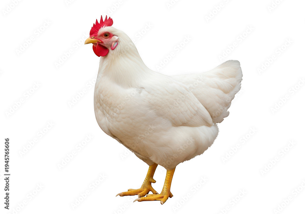 Fototapeta premium Standing white chicken with red comb and wattles isolated on transparent background,png,PNG
