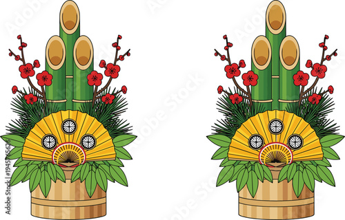 Japanese Kadomatsu traditional New Year decoration with bamboo, pine branches and plum blossoms, festive Asian holiday symbol vector illustration