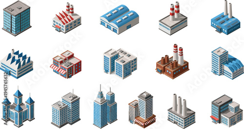 Isometric city buildings and industrial factory collection with warehouses, offices and plants, modern urban infrastructure vector illustration set