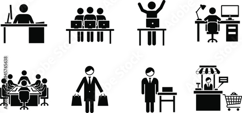 Black silhouette icons of office teamwork, business meetings, corporate employees using computers, retail shopping with bags, and supermarket stall service set on white background.