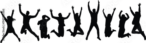Jumping people silhouettes, group celebration vector, human outline design, joyful pose illustration, freedom symbol, happiness graphic, energetic movement art