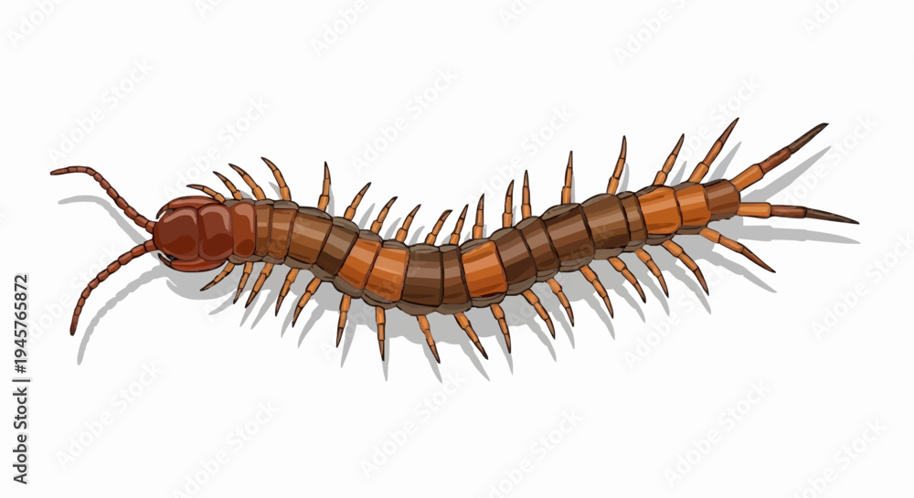 Fototapeta premium Detailed vector illustration of a centipede, showcasing its segmented reddish-brown body, numerous legs, and distinct arthropod characteristics, ideal for educational or natural history projects