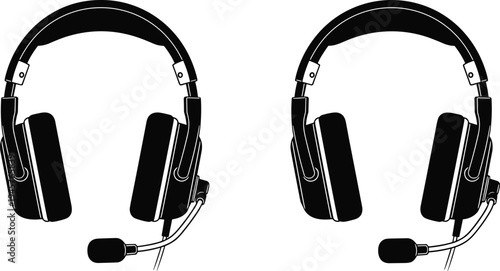 Gaming headset silhouettes with microphone, audio headphones icon set, communication and streaming equipment, black isolated vector illustration