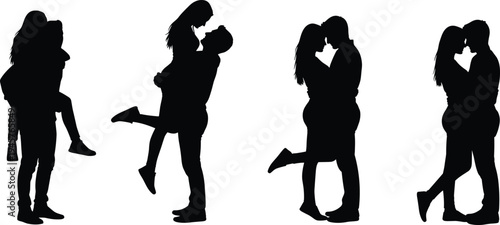 Romantic couple silhouette set isolated on white background, man lifting woman hugging kissing poses, love relationship vector illustration