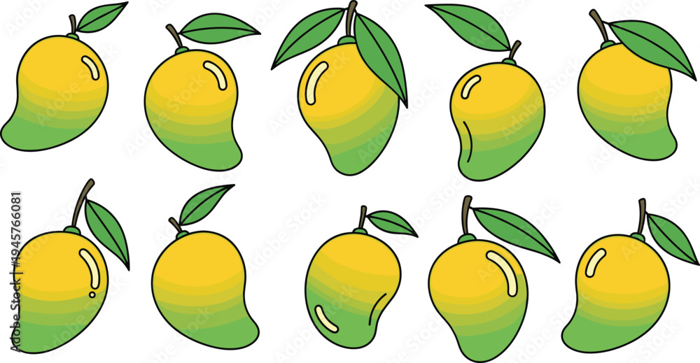 Obraz premium Fresh Mango Fruit Vector Set with Green Leaves Tropical Sweet Mango Illustration Collection for Healthy Food Design Summer Juice Menu and Organic Produce