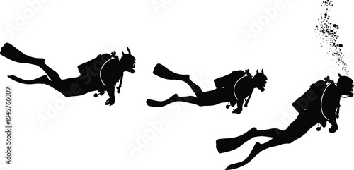 Scuba diver silhouettes set showing underwater swimming positions with oxygen tank and bubbles isolated on white background marine adventure illustration