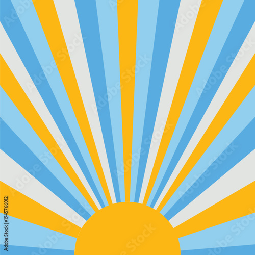 Art deco sunshine design created from blue, pale blue, yellow and white rays radiating from a yellow semicircle
