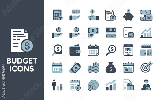 Budget and finance icon set featuring piggy bank calculator wallet and money management symbols flat vector illustration isolated