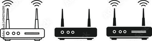 WiFi router silhouettes collection, wireless internet modem icons with antenna signal symbol, networking technology device vector illustration set