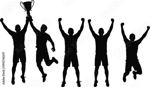 Winning athlete silhouettes celebrating victory with raised hands and trophy isolated on white background sport champion success concept