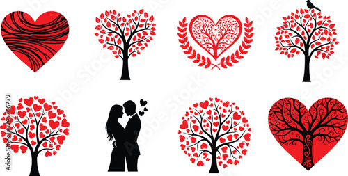 Romantic love heart tree collection with kissing couple silhouette red black valentine symbols set for wedding invitation romantic relationship illustration