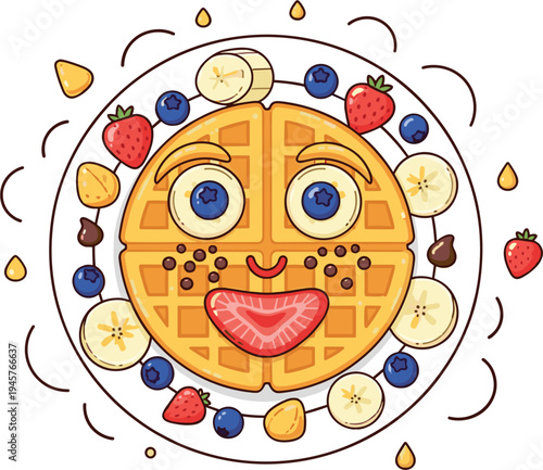 Quadro em tela Cute cartoon waffle character with happy face topped with strawberry banana blue