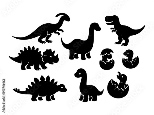 Collection of Black Dinosaur Silhouettes on White Background