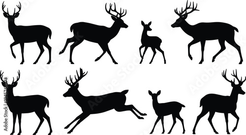 Deer silhouettes collection, wildlife vector art, animal illustration, forest creature outline, antler design, nature symbol, running leaping standing walking deer