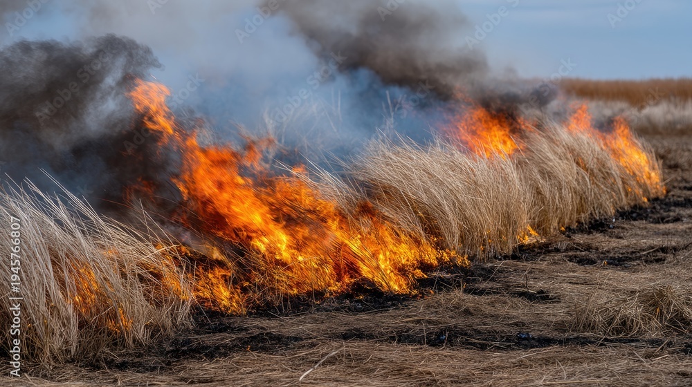 Fototapeta premium Cereals and spring wheat burning in rural farmland near forest during wildfire in clear sunny weather