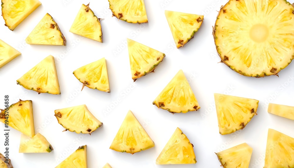 Naklejka premium Fresh Pineapple Slices Scattered on White Surface.
