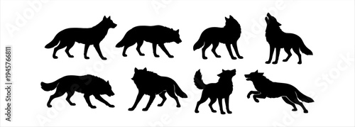Silhouette wolf pack in various poses against a white background