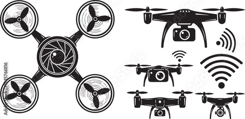 Drone designs and propellers in black and white illustration