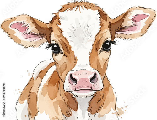 A cute brown and white cow with a pink nose looking directly at the camera