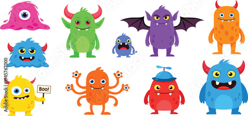 Cute colorful monster characters vector set with funny cartoon creatures spooky fantasy mascots for kids design and Halloween themes