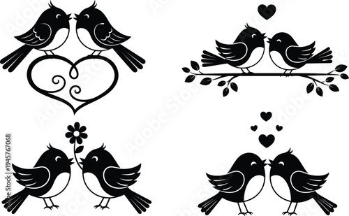Cute love birds silhouettes set, romantic bird couples with hearts and branches, Valentine romance nature illustration collection design