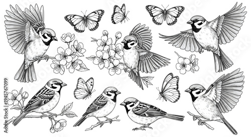Black and white sparrow birds, butterflies and blossoms, vintage line art illustration, hand drawn nature wildlife floral design set collection